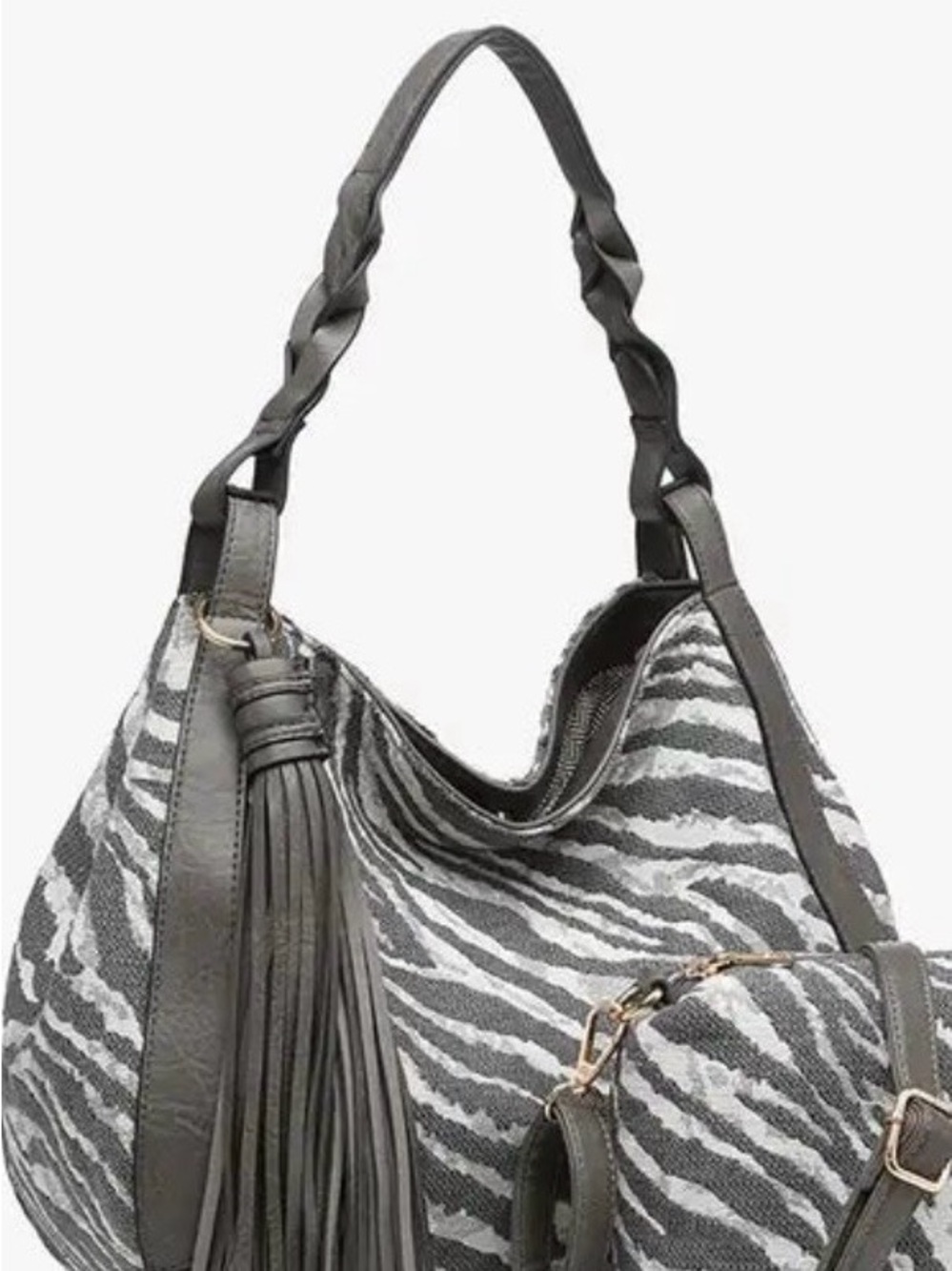Jen & co Gray Zebra-Print Shoulder Hobo Bag with Tassel